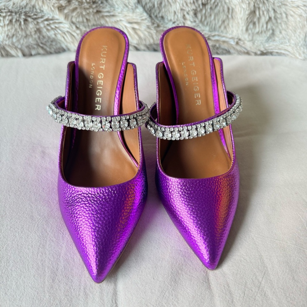 Kurt Geiger Metallic Purple Heels with Rhinestone Strap